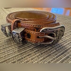 TONY LAMA Brown Leather Belt with Silver Buckle EUC